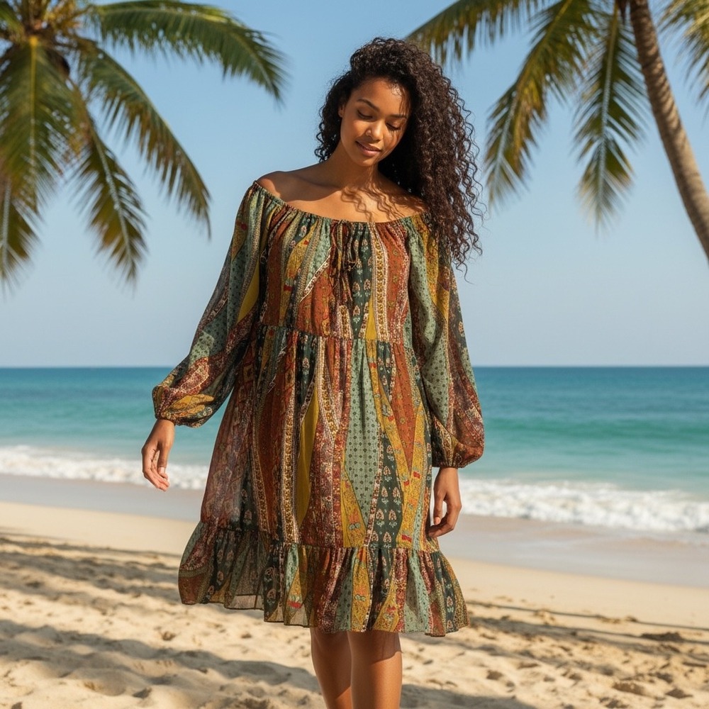 Pure Energy Boho Maxi Dress Patchwork Off‎ Long Sleeve Tiered Ruffle Size 2
